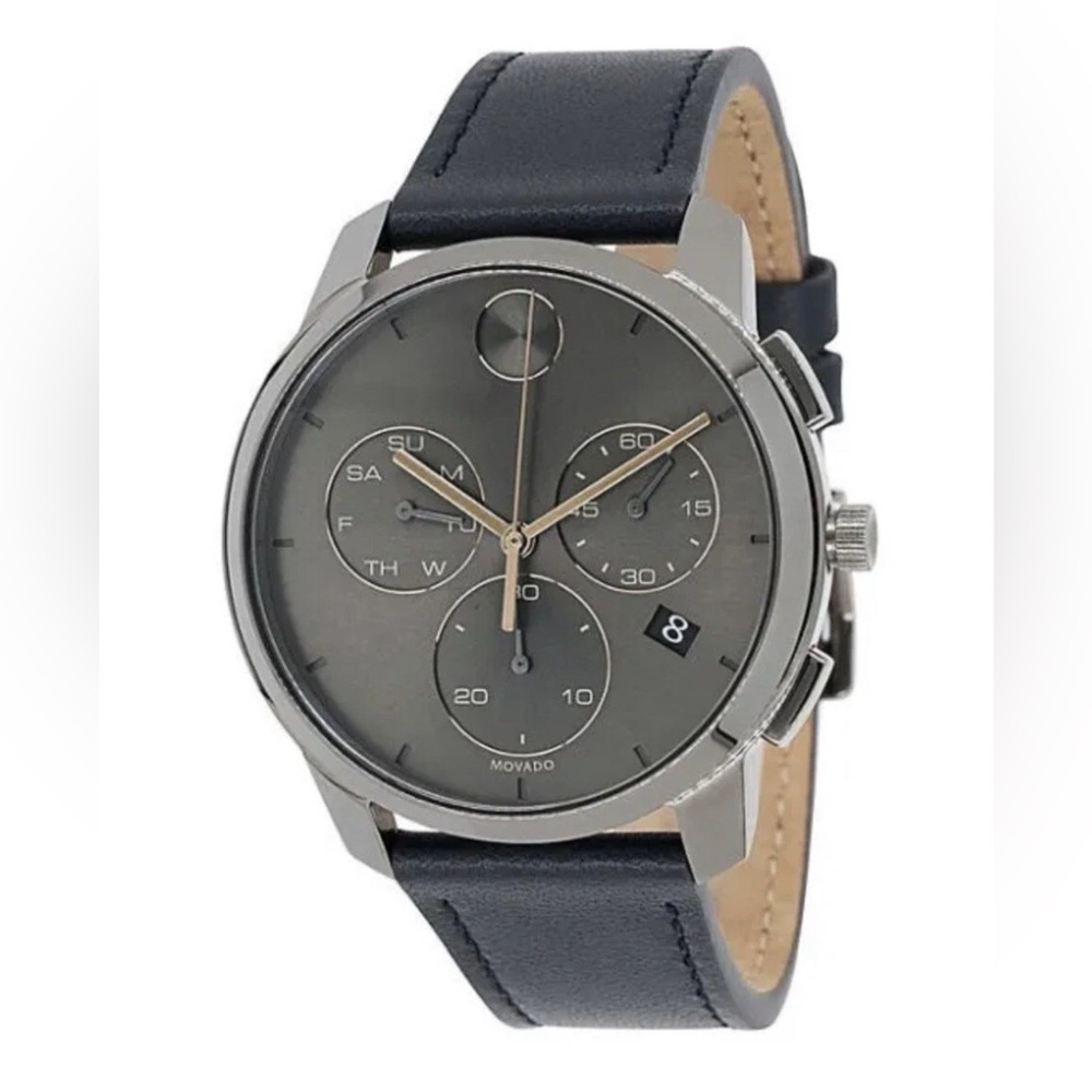 New Movado Bold Men's Grey Dial Navy Leather Band Chrono Watch 3600720
